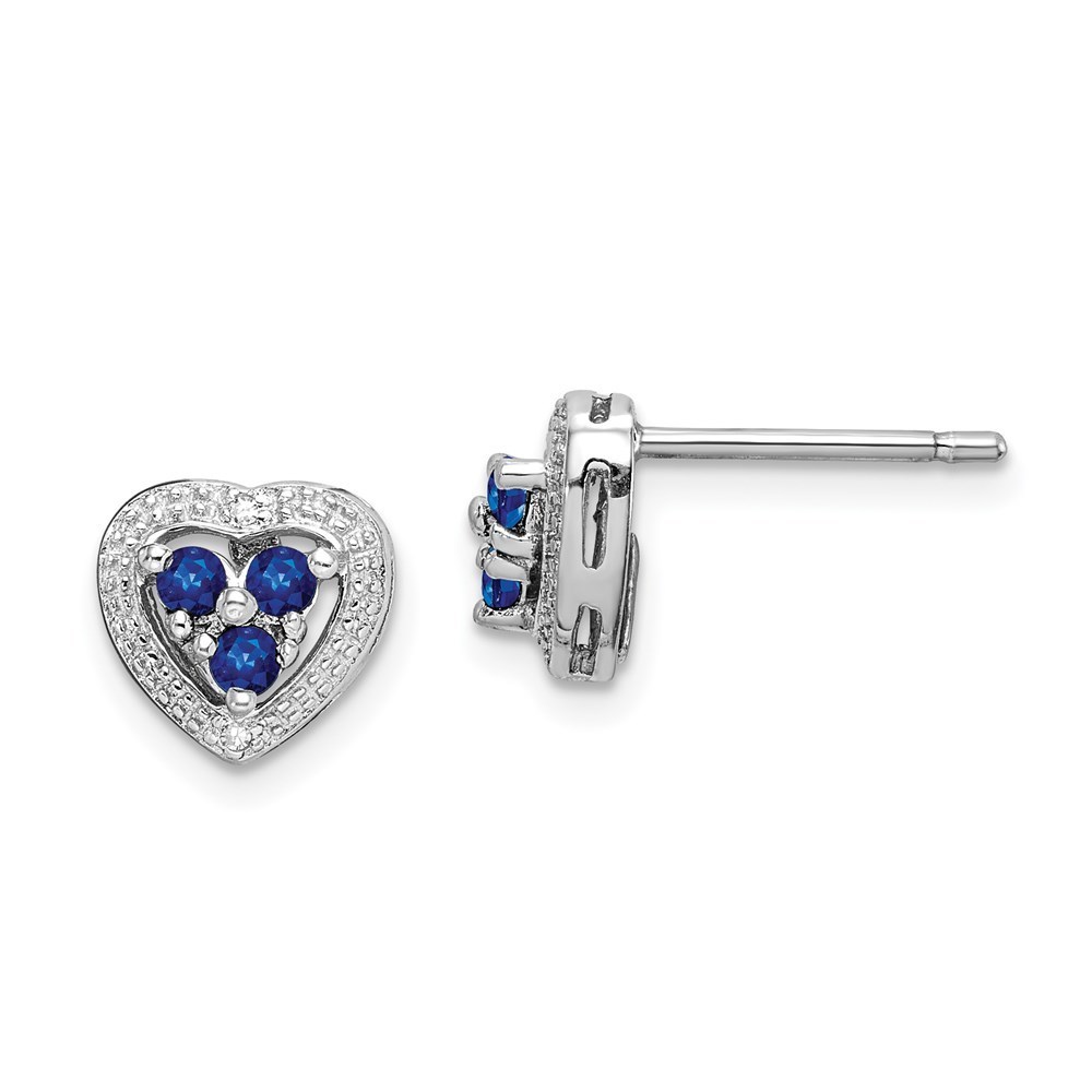 925 Sterling Silver Rhodium Plated Diamond & Blue Sapphire Heart Earrings
